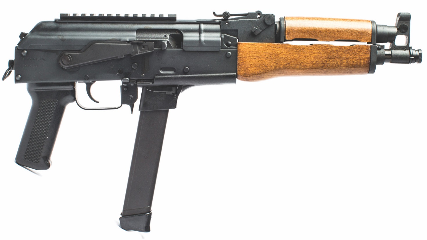 Century Arms Draco NAK9 9mm pistol with 11.14in barrel, Picatinny rail, black with wood forearm